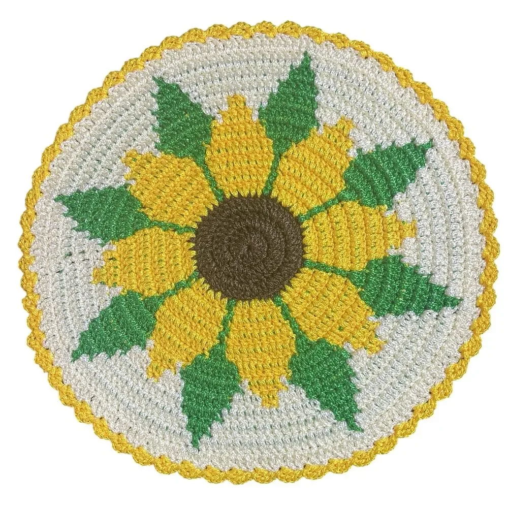Set of 4 Handmade Crochet Floral Placemats Round Yellow Cream Green 13